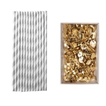 25 pailles argentées en papier 20 cm + 150 punaises dorées