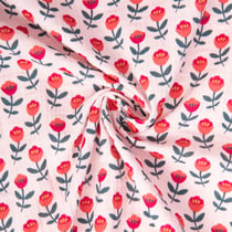 Tissu Double gaze de Coton Artiom fleuris rose sur fond Rose pâle