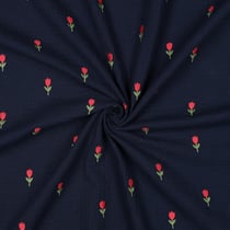 Tissu Double gaze de Coton Tulipe Rouge brodé sur fond Noir