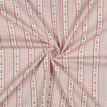 Tissu Coton imprimé Rayures vichy fleuris rose sur fond Blanc