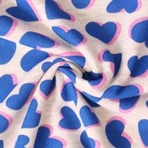 Tissu Sweat léger envers molletonné Lisa coeurs Bleues sur fond Gris chiné