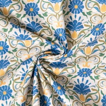 Tissu Batiste de Coton Ava fleurs rétro Bleu sur fond Blanc cassé