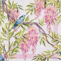 Lot de 4 serviettes en papier découpage collage 33 cm OISEAU FLEUR ROSE BRANCHE