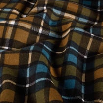 Tissu Flanelle de Coton Théo carreaux Camel , Bleu pétrole et Vert olive sur fond Noir
