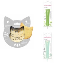 Kit pour biscuit en relief Chat + 2 Stylos au chocolat vert clair et vert d'eau