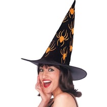 Chapeau de sorcière velours avec motifs araignées orange