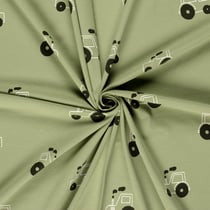 Tissu Jersey Coton Tracteurs blancs et noirs sur fond Vert