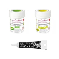 2 colorants alimentaires vert citron-vert + Stylo glaçage noir