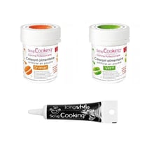 2 colorants alimentaires vert-orange + Stylo glaçage noir