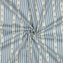 Tissu Popeline de Coton Daphnée rayures fleuries Bleu sur fond Blanc cassé