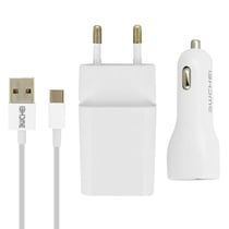 Pack chargeur secteur 2.1A + chargeur voiture 2.1A + câble USB type C 1m - Blanc