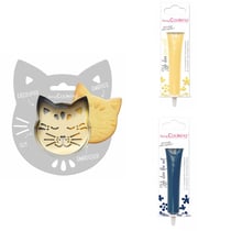 Kit pour biscuit en relief Chat + 2 Stylos au chocolat jaune pastel et bleu nuit