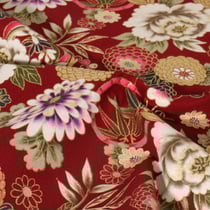 Tissu coton imprimé motifs floraux Japonais dorés sur fond Rouge