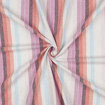 Tissu Coton fil teint rayé pastels Rose, Corail, Lilas & Bleu ciel sur fond Blanc