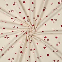 Tissu Jersey Coton imprimé Bio Petits Coeurs Rouges sur fond Ecru
