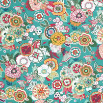 Tissu Toile Cretonne enduit floral Oria sur fond Bleu turquoise - Au mètre