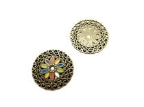4 Pendentifs connecteurs ronds 25mm style bohême bronze et émail rose/bleu/jaune