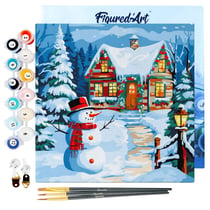 Mini Peinture par Numéro Figured'Art 20x20cm avec cadre Bonhomme de Neige et Chaumière - Petit Format