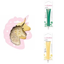 Kit pour biscuit en relief Licorne + 2 Stylos au chocolat vert et jaune pastel