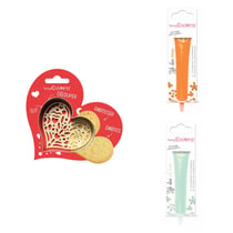 Kit pour biscuit en relief Coeur + 2 Stylos au chocolat orange et vert d'eau