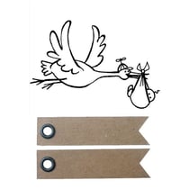 Tampon bois Cigogne & bébé + 20 étiquettes kraft Fanion