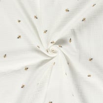 Tissu Double gaze de Coton Abeilles brodées sur fond Ecru