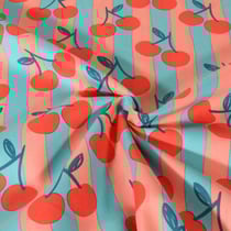 Tissu Popeline de Coton Poppy Cerises sur fond Bleu