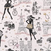 Tissu Coton Enduit Moi Paris Noir, doré et rose sur fond Ecru