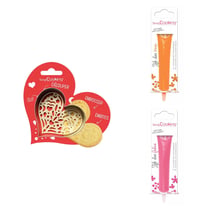 Kit pour biscuit en relief Coeur + 2 Stylos au chocolat orange et fuchsia