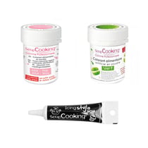 2 colorants alimentaires vert-rose poudré + Stylo glaçage noir
