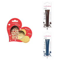 Kit pour biscuit en relief Coeur + 2 Stylos au chocolat marron et bleu nuit