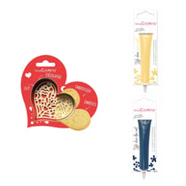 Kit pour biscuit en relief Coeur + 2 Stylos au chocolat jaune pastel et bleu nuit