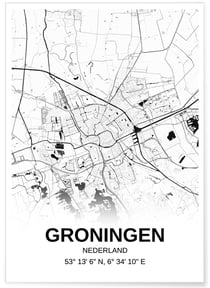 Affiche carte Groningen - rectangle Noir et Blanc | A3 : 29,7x42cm