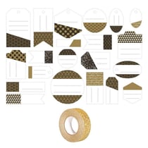 21 étiquettes perforées noir, doré & blanc + masking tape doré à paillettes 5 m