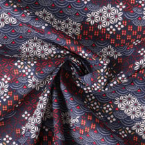 Tissu Coton Cretonne Shogun motifs traditionnels japonais sur fond Bleu