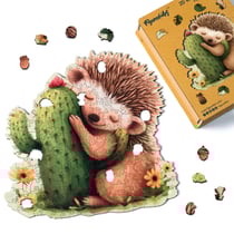 Puzzle en Bois Adulte et Enfant Figured'Art 200 pièces Animaux - Hérisson et Cactus - Design Original 28,2x28,5 cm Forme Unique avec Coffret en bois Premium, Parfait pour Offrir en Cadeau