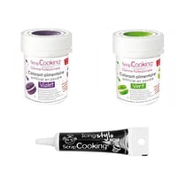 2 colorants alimentaires vert-violet + Stylo glaçage noir