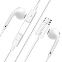 Mayaxess Écouteurs Filaires USB-C pour Galaxy S25 Edge avec Microphone intégré Blanc
