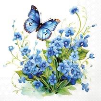 Lot de 4 serviettes en papier découpage collage 33 cm FLEUR PAPILLON BLEU F 4009