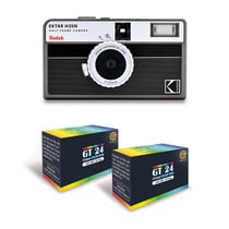 KODAK EKTAR H35N - Caméra Film Demi-Format 35mm Réutilisable, Sans Mise au Point, Légère, Facile à Utiliser - Noir Rayé + 2 Pellicules 35mm Couleur 24 Expositions