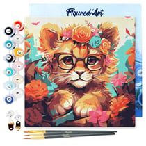 Mini Peinture par Numéros Figured'Art 20x20cm avec cadre Lionceau fantaisie et fleurs - Petit Format