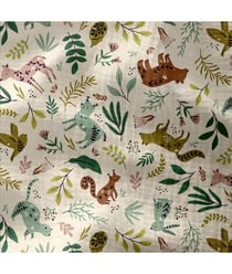 Tissu enfant coton double gaze animaux de la forêt de 130 CM de largeur Ecru 101 vendu par 50 cm