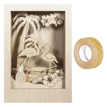 Cadre bois à motif 3D Flamant 20 x 30 cm + masking tape doré à paillettes 5 m