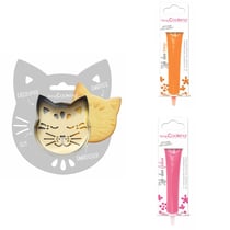 Kit pour biscuit en relief Chat + 2 Stylos au chocolat orange et fuchsia