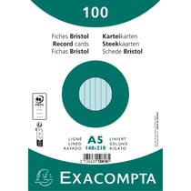 Paquet 100 fiches sous film - bristol ligné non perforé 148x210mm - Bleu ciel - x 10 - Exacompta