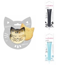 Kit pour biscuit en relief Chat + 2 Stylos au chocolat noir et bleu pastel