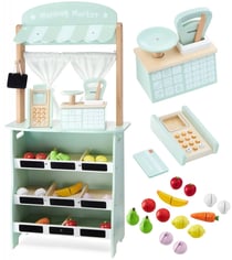 Mamabrum Marchande Enfant & Théâtre en Bois 97*48*24 cm - 2EN1 Grand Stand Vendeur - Terminal, Balance Fruits & Légumes Vert Pastel