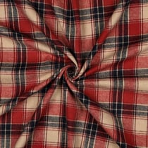 Tissu Flanelle légère Tartan beige et noir sur fond Rouge