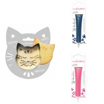 Kit pour biscuit en relief Chat + 2 Stylos au chocolat bleu nuit et fuchsia