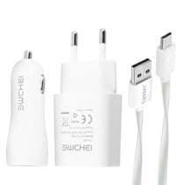 Pack 3 en 1 Chargeur secteur 2.1A Chargeur Voiture 2.1A et Câble Micro-USB Blanc
